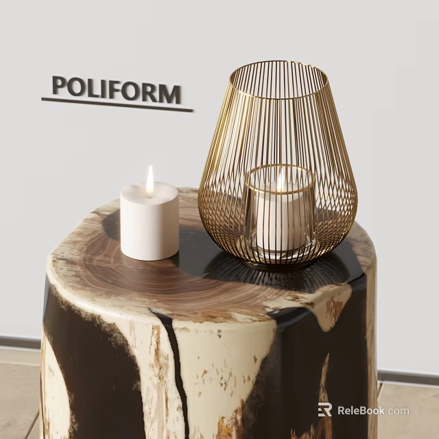 Modern Decorative Ornament Set With Golden Metal Wire Candleholder And White Candles On Wooden Table 3d model 