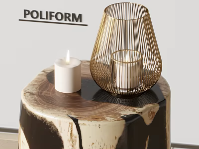Modern Decorative Ornament Set With Golden Metal Wire Candleholder And White Candles On Wooden Table 3d model