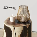 Modern Decorative Ornament Set With Golden Metal Wire Candleholder And White Candles On Wooden Table