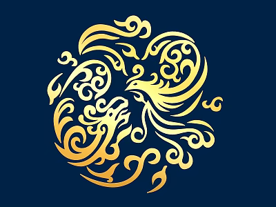 Intricate Golden Carved Pattern with Phoenix and Floral Designs on Deep Blue Background 3d model