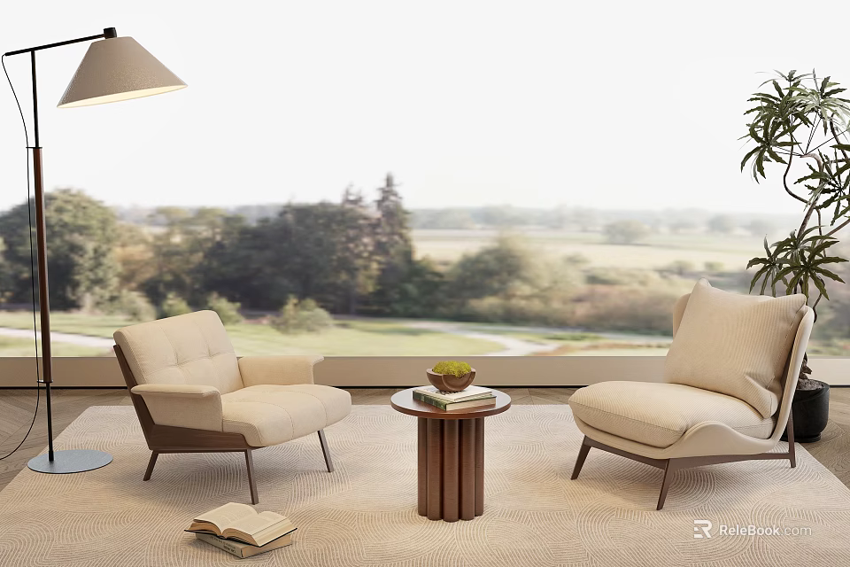 Comfortable Beige Leisure Chairs With Small Round Table Books Fruit And Natural Landscape View 3d model 