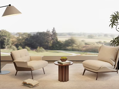 Comfortable Beige Leisure Chairs With Small Round Table Books Fruit And Natural Landscape View 3d model