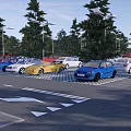 Ecological Parking Lot with Lush Trees Parked Colorful Cars Grid Paved Ground and Street Lamps