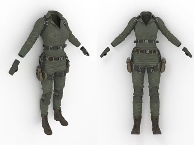 Military Style Clothing Combat Clothing Tactical suit Field Survival Clothing Trousers Military Boots Gloves Belt Women's Clothing 3d model