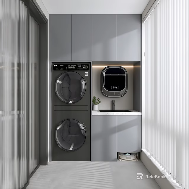 Modern Home Balcony With Gray Cabinets Stacked Washing Machine Dryer Countertop And Small Plant 3d model 