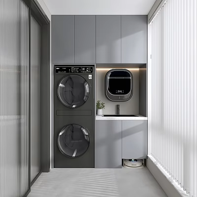 Modern Home Balcony With Gray Cabinets Stacked Washing Machine Dryer Countertop And Small Plant 3d model