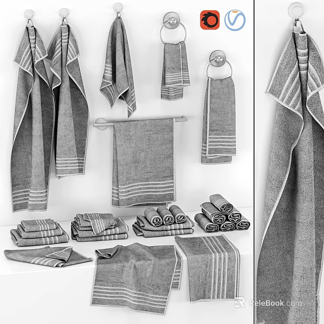 Daily Laundry Towels Collection With Striped Design Folded And Hanging Styles 3d model 