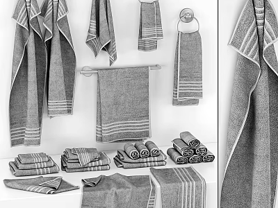 Daily Laundry Towels Collection With Striped Design Folded And Hanging Styles 3d model