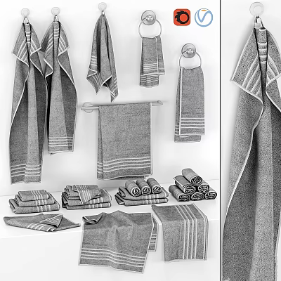 Daily Laundry Towels Collection With Striped Design Folded And Hanging Styles 3d model