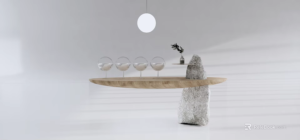 Stylish Bar Counter Featuring Round Wooden Top Transparent Wine Glasses Small Plant And Stone Base 3d model 