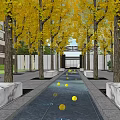 Serene Residential Landscape With Lush Yellow Trees Water Channel And Illuminated Pathway