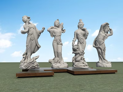 Classical Stone Sculptures of Four Figures with Different Poses on Wooden Bases 3d model
