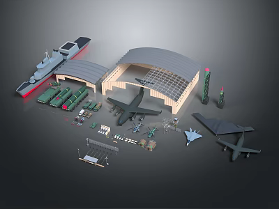Military Airplane Scale Models With Hangar Warship Trucks And Equipment 3d model
