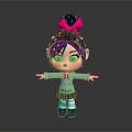 Cute Cartoon Child With Pink Bow Colorful Glitter Hair Green Hoodie Brown Skirt Arms Outstretched