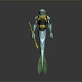 Sci Fi Humanoid Character With Transparent Helmet Blue Body Green Fins And Yellow Trident