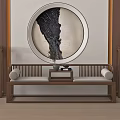 Traditional Chinese Luohan Bed with Circular Painting Wooden Side Cabinets Tea Table and Cushions