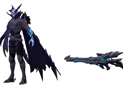 Game Movie Character with horns black outfit blue glowing wings and sharp blue accented weapon 3d model