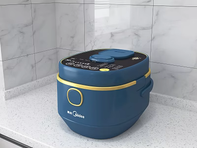 Blue Rice Cooker Kitchen Appliance On White Countertop With Marble Wall Tiles 3d model