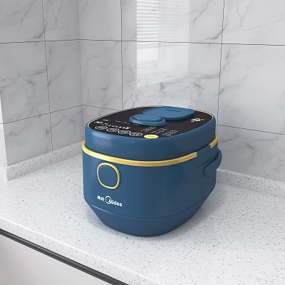 Blue Rice Cooker Kitchen Appliance On White Countertop With Marble Wall Tiles 3d model