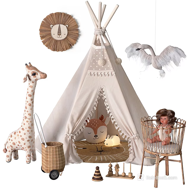 Adorable Doll Play Set With Teepee Tent Giraffe Toy Bassinet And Swan Decoration 3d model 