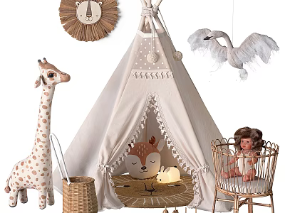Adorable Doll Play Set With Teepee Tent Giraffe Toy Bassinet And Swan Decoration 3d model
