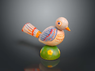 Colorful Wooden Bird Figurine With Green Base And Yellow Flowers For Home Furniture Decor 3d model