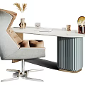 Modern Desk With White Top Blue Ribbed Gold Legs Beige Tufted Chair Gold Lamp Book