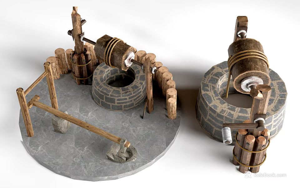Traditional Garden Ornaments Featuring Stone Well Wooden Barrel And Wooden Fence 3d model 