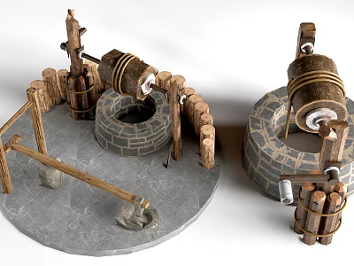Traditional Garden Ornaments Featuring Stone Well Wooden Barrel And Wooden Fence 3d model