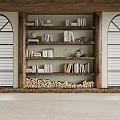 Wooden Bookshelf With Arched Shutter Windows And Multiple Shelves Holding Books Decorations And Firewood Stack