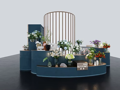 Blue Multi Tiered Curved Design Commercial Display Stand With Flowers Bouquets Vases And Blooming Sign 3d model