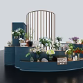 Blue Multi Tiered Curved Design Commercial Display Stand With Flowers Bouquets Vases And Blooming Sign