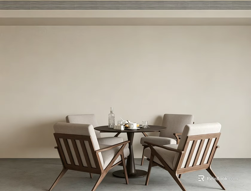 Round Meeting Table and Chairs with Light Colored Seats Wooden Frame and Tea Set in Minimalist Modern Room 3d model 