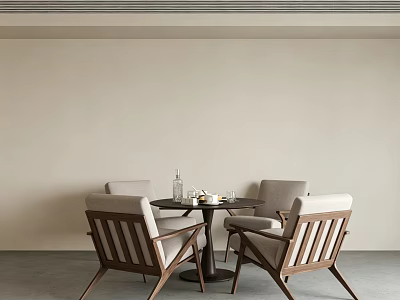 Round Meeting Table and Chairs with Light Colored Seats Wooden Frame and Tea Set in Minimalist Modern Room 3d model