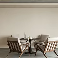 Round Meeting Table and Chairs with Light Colored Seats Wooden Frame and Tea Set in Minimalist Modern Room