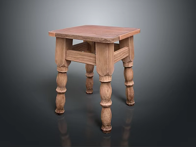 Vintage Wooden Small Table With Square Tabletop And Carved Column Legs 3d model