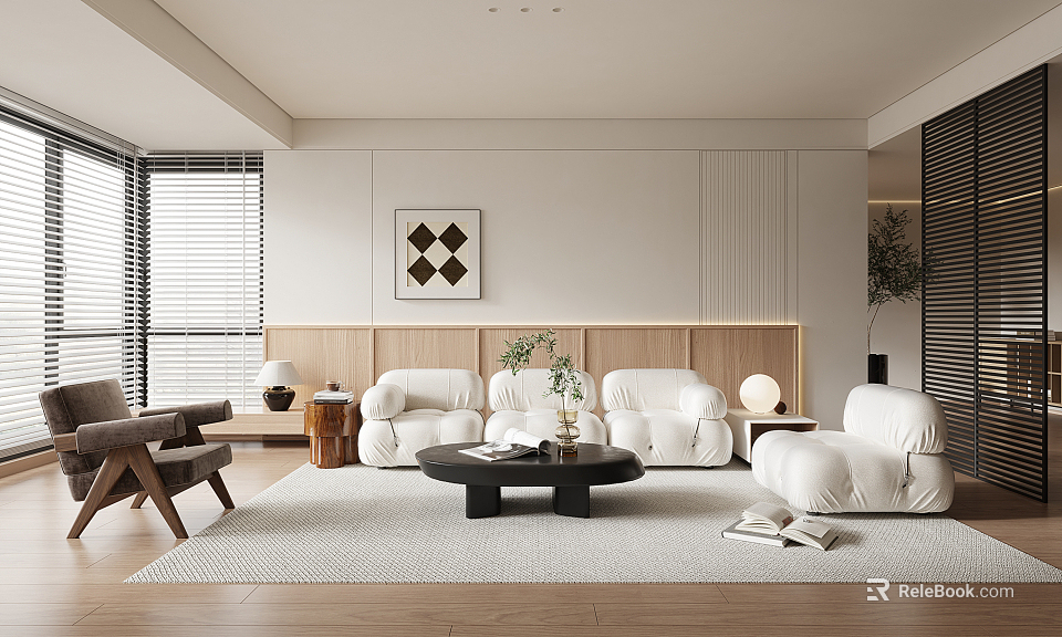 Modern Living Room Interior Design With White Sofas Wooden Elements And Decorative Painting 3d model 