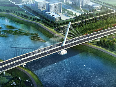 Modern Cable Stayed Bridge Spanning River in Urban Area With Green Spaces And Trees 3d model