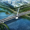 Modern Cable Stayed Bridge Spanning River in Urban Area With Green Spaces And Trees 3d model