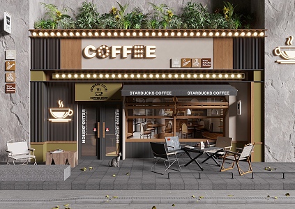 Coffee shop door head facade outdoor tables and chairs folding windows shops glass doors shop signs awning 3d model