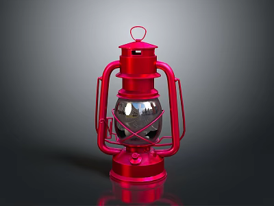 Vintage Red Kerosene Lamp Lighting Combination With Metal Frame And Glass Shade 3d model