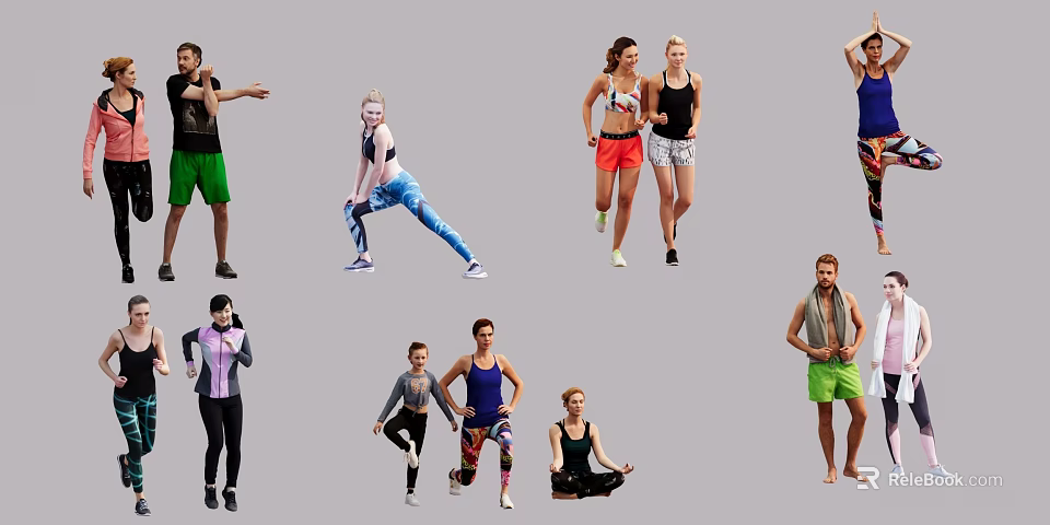 Group of People Performing Different Workouts Like Stretching Running Yoga And Strength Training 3d model 