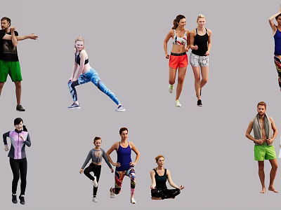 Group of People Performing Different Workouts Like Stretching Running Yoga And Strength Training 3d model
