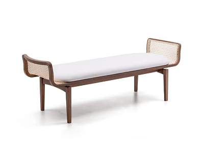 Minimalist Wooden Bench With Woven Armrests White Cushion Seat And Sturdy Legs 3d model