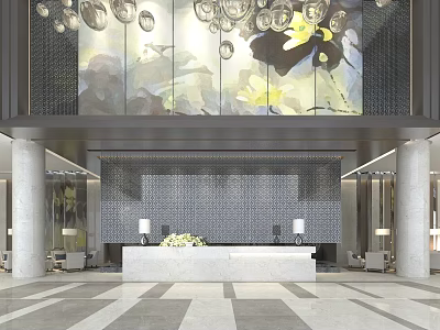 Elegant Sales Office Lobby Interior With White Reception Desk Decorative Painting Chandeliers And Columns 3d model