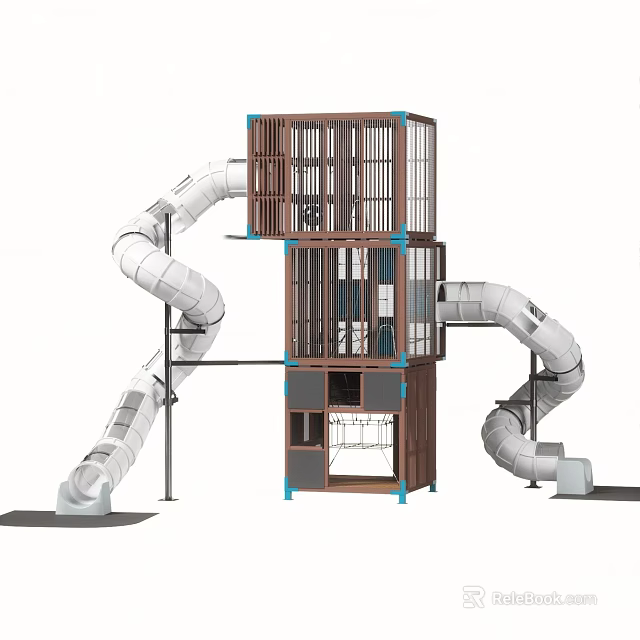 Multi Level Wooden Metal Playground Equipment With Slides And Climbing Platforms 3d model 