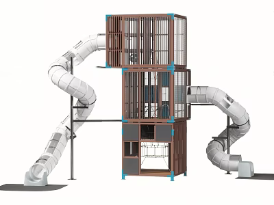 Multi Level Wooden Metal Playground Equipment With Slides And Climbing Platforms 3d model