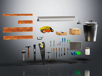 Practical Hardware Tools Set With Hammers Wrenches Screwdrivers Tape Measures Wooden Planks And Metal Strips 3d model