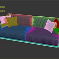 Modern Blue Sofa With Turquoise Patterned Pillows And Golden Legs