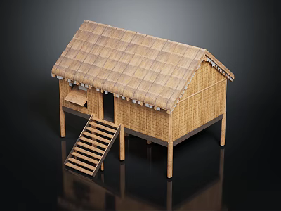 Traditional Wooden Hut with Thatch Roof Bamboo Construction Wooden Staircase and Small Porch 3d model